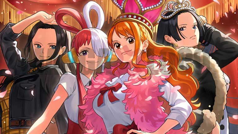 Illustrazione promozionale di One Piece Card Game EB-03 Heroines Edition con Nami, Nico Robin, Uta e Boa Hancock in abiti speciali e sfondo celebrativo.